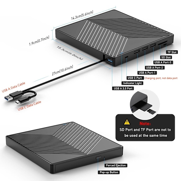 Optisk Drivenhet, Multi-Hub Funktion Ultra Slim Design Extern CD/DVD-enhet USB 3.0 Teknik Plug and Play, Bred Kompatibilitet för Macbook,