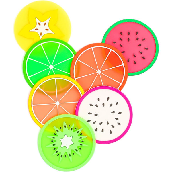 Fargerike Unike Skive Silikon Drikke Kopp Matte For Drikker, Sklisikre Silikon Brikker Frukt Design Brikker 7 Deler Sett Lysner Opp Din Hjemmeinnredning Og