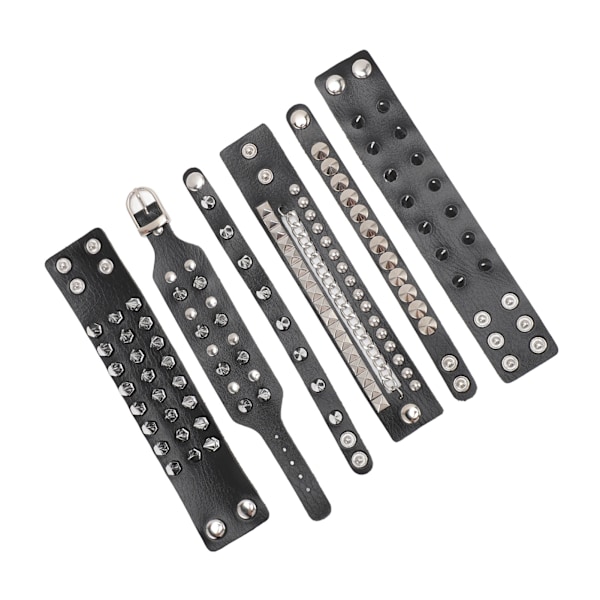 6 Delar Punk Nitar Svart Armband PU Läder Justerbart Tryckknapps Spetsigt Armmanschett för Män Kvinnor 6-Delars Set