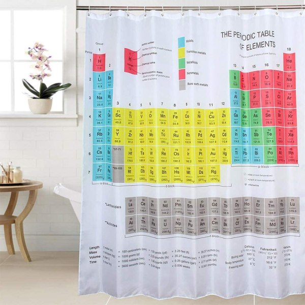 Dekorativt dusjforheng med periodisk tabell, 180x180 cm, med kroker