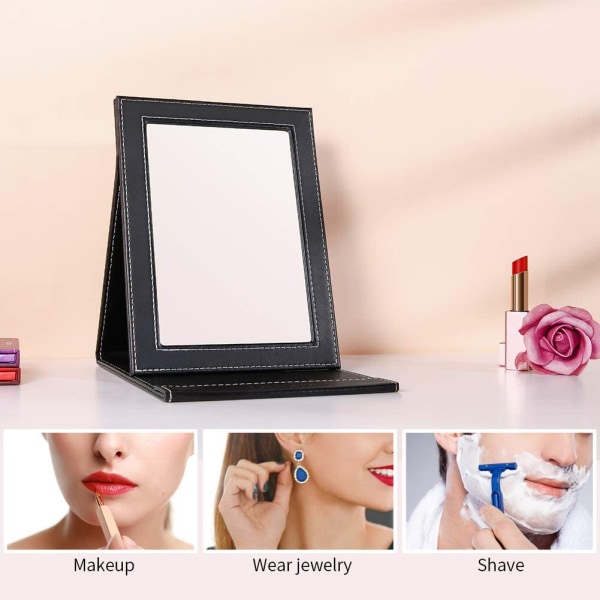 Bærbart sammenfoldelig makeupspejl med stativ, stort, sort