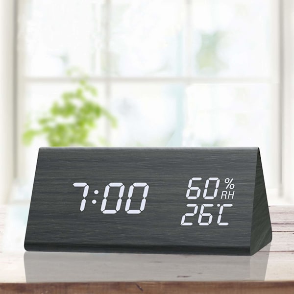 Wake Up Artisan, Unik väckarklocka i trä med dimbar display, flera alarm, temperatur- och fuktighetssensor för alla rum, Svart