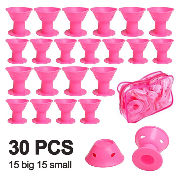 Små silikonhårrullar, rosa, 15 stora och 15 små