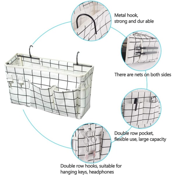 Nattbord hengende oppbevaringspose for hodegjerde, hvitt rutenett
