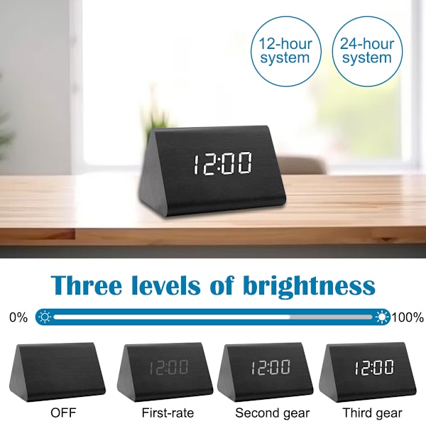 Alarmklokke Digital, LED Digital Vekkerklokke, Bordklokke Digital med 3 Alarmer, USB Oppladbar, Lysstyrke og Volum Justerbar