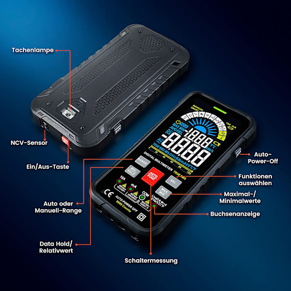 Intelligent Anti-Brännande Digital Multimeter, Manuell Auto Dubbelläges Testare för AC/DC Spänning, Ström, Kontinuitet, True RMS, med Överbelastningsskydd