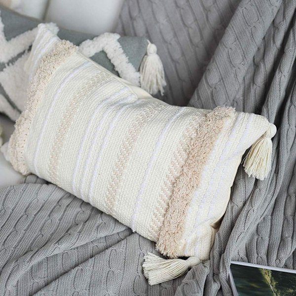 Högkvalitativ bohemisk prydnadskudde, Boho ländkudde med utsökt chic design, lättskött tjockt tyg tofsad dekorativt örngott för