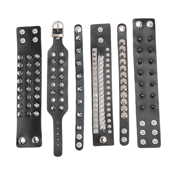 6 Delar Punk Nitar Svart Armband PU Läder Justerbart Tryckknapps Spetsigt Armmanschett för Män Kvinnor 6-Delars Set