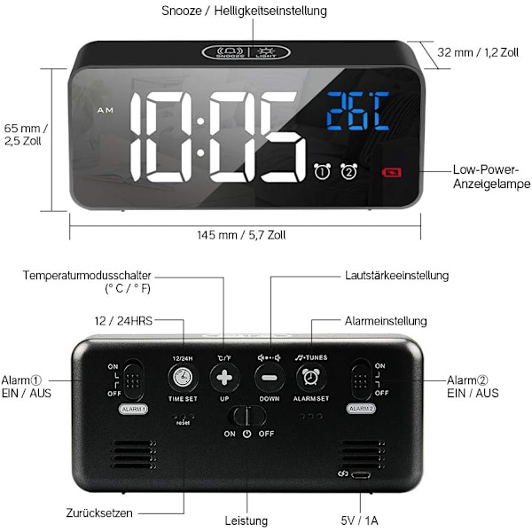 Echo Time, Den Ultimata Röststyrda Väckarklockan, Dubbla Alarm Med Spegeldisplay För Smidig Tidshantering, Justerbar Ljusstyrka För