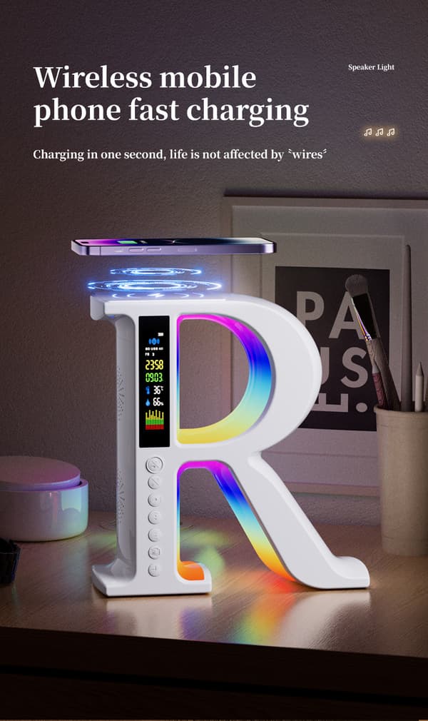 R-formet multifunksjonell Bluetooth-høyttaler med trådløs hurtiglading og RGB-stemningslys