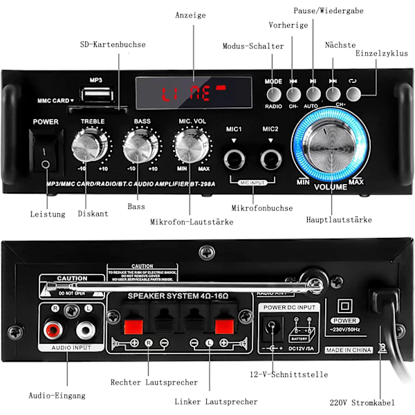 Hi-Fi Bluetooth-förstärkare, prisvärd 2-kanalsreceiver för hem- och billjud, stereoeffekt med bas- och diskantkontroll
