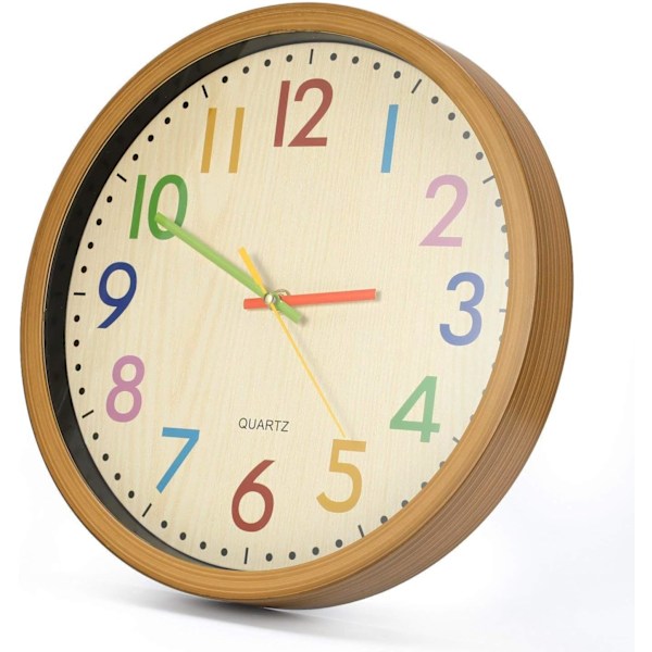 Väggklocka för barn, 30 cm tyst analog utan tickande, klara färger med lättlästa visare, idealisk för klassrum och sovrum, träådring