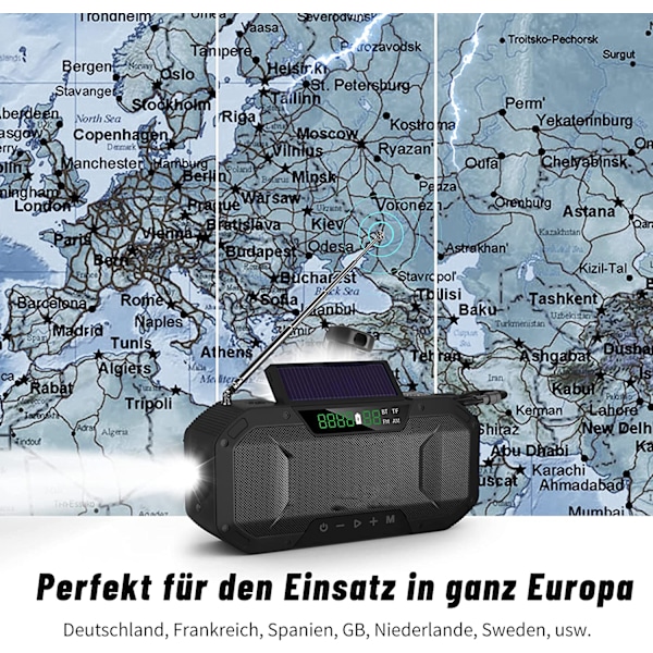 Outdoor Companion, 10000Mh Nödvärdesradio för nödsituationer med stänksäker design, Multifunktionell radio med Bluetooth, Solcells- och vevladdning, Portabel AM