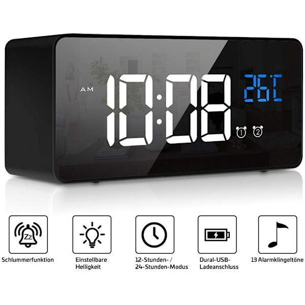 Echo Time, Den Ultimata Röststyrda Väckarklockan, Dubbla Alarm Med Spegeldisplay För Smidig Tidshantering, Justerbar Ljusstyrka För