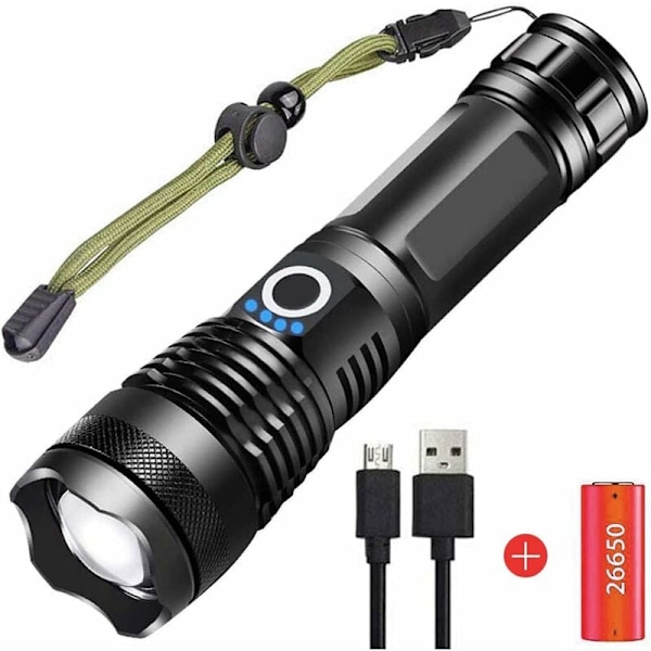 LED-lampa, Taktisk Ficklampa, Uppladdningsbara Batterier, Lång Livslängd, Ljuslägen, Vattentät, Hög Lumen Ficklampor, för Camping, Vandring, Utomhus