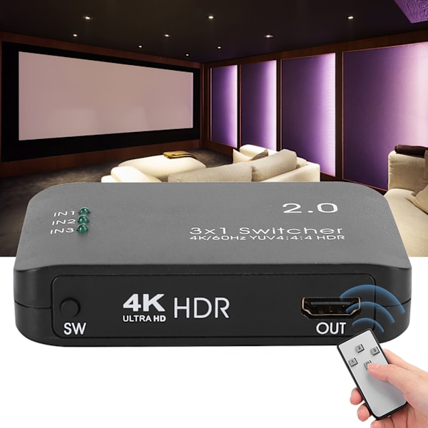 HDMI Switch Ultra HD, 3 Ingångar 1 Utgång Splitter Adapter, HDR & HDCP Stöd, 4K Högupplöst Multimediagränssnitt med HD IR Fjärrkontroll för
