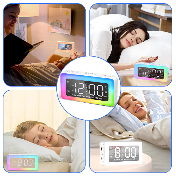 Night Light Alarm Clock for Kids, Teenagers, Adults, Mirrored Clock with Dual Alarms, Snooze, LED Display, USB Charger, Small Dimmable