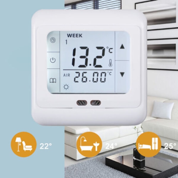 Digital termostat til boligvarmesystemer, programmerbare tider og temperaturer gulvsensor med børnelåsfunktion, digital touchscreen