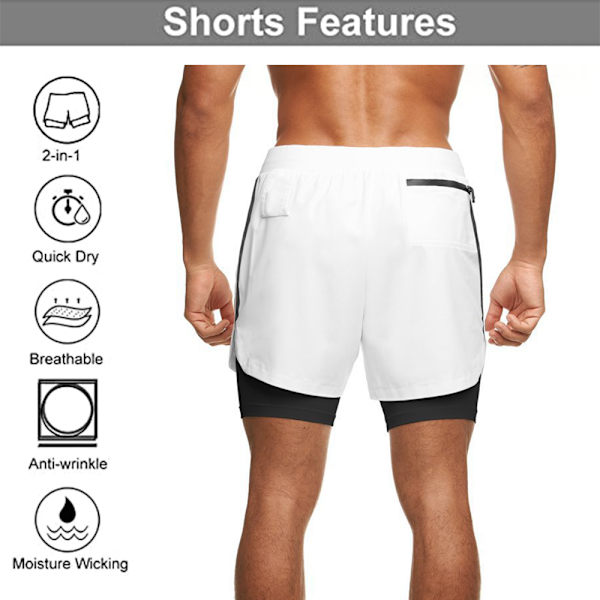 1 stk. 2-i-1 treningsshorts for menn, lett, hvit, L