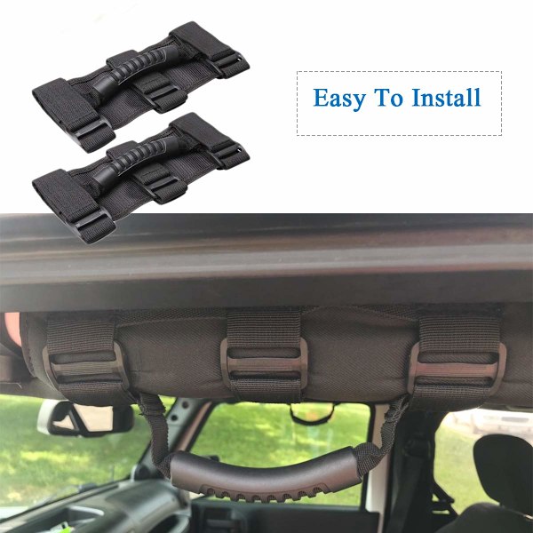Störtbåge Tillbehör för Jeep Wrangler, Högkvalitativ Nylon Interiörförbättringar, Lättmonterade 3 Remmar (Halkfritt Grepp, Moderiktigt Utseende), 2-pack, Svart