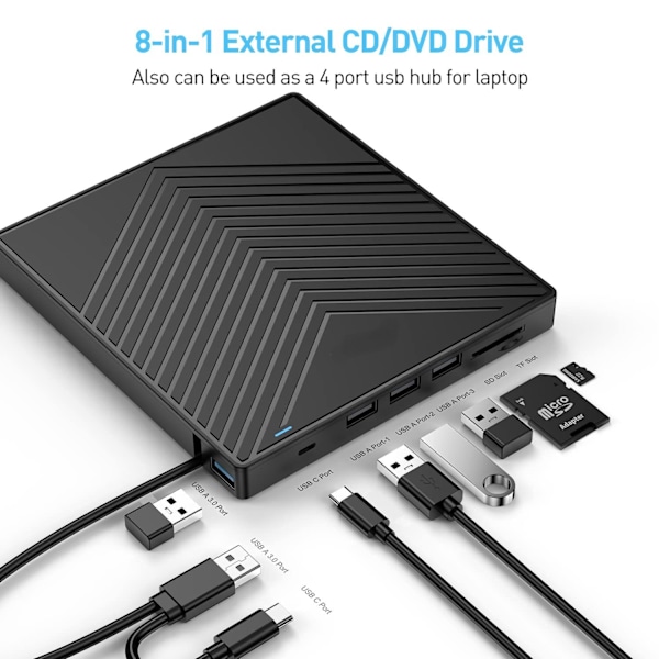 Optisk Drivenhet, Multi-Hub Funktion Ultra Slim Design Extern CD/DVD-enhet USB 3.0 Teknik Plug and Play, Bred Kompatibilitet för Macbook,