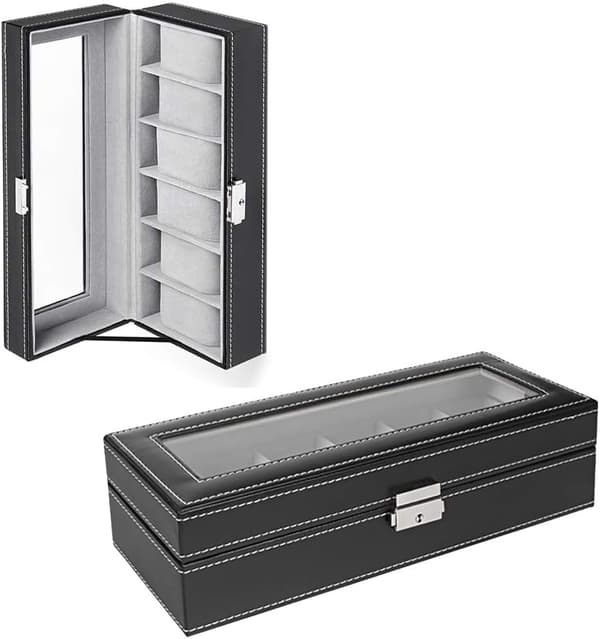 6 Slots Læder Urkasse Display Organizer Glas Smykkeopbevaring Sort