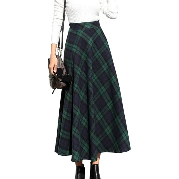 Kvinders højelastisk talje Maxi-nederdel A-line plaid vinter