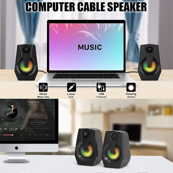 Datorhögtalare för stationär dator/laptop, portabel högtalare med RGB-ljus, förbättrat stereoljud, enkel att använda, bred kompatibilitet, USB-driven (Svart)