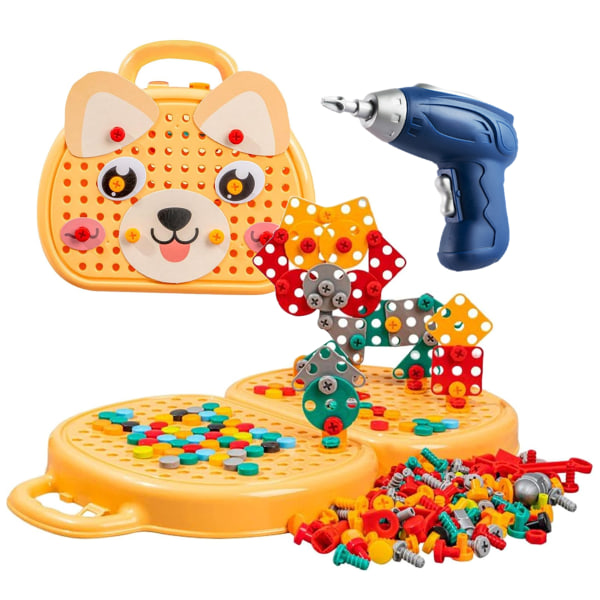 Magic Montessori Play Toolbox med elektrisk borrmaskin, 3D Pussel Mosaic Toolbox Barnspel, Kreativitetsverktygslåda för barn i åldrarna 3-12 år Beige