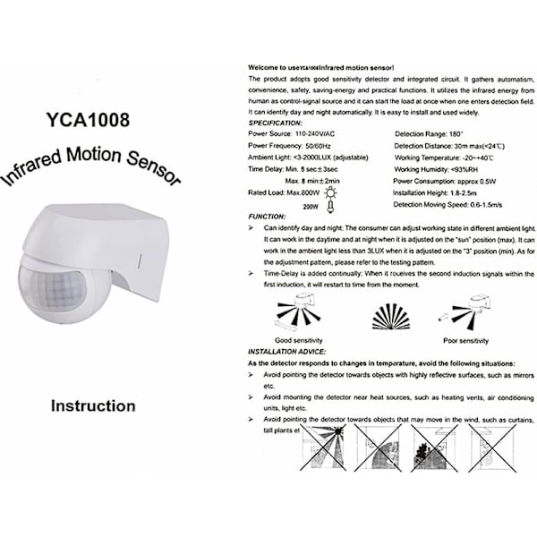 Infrapunainen Liikkeenilmaisin - sisä- ja ulkokäyttöön, kantama jopa 30m, 180° kääntyvä ja kallistuva