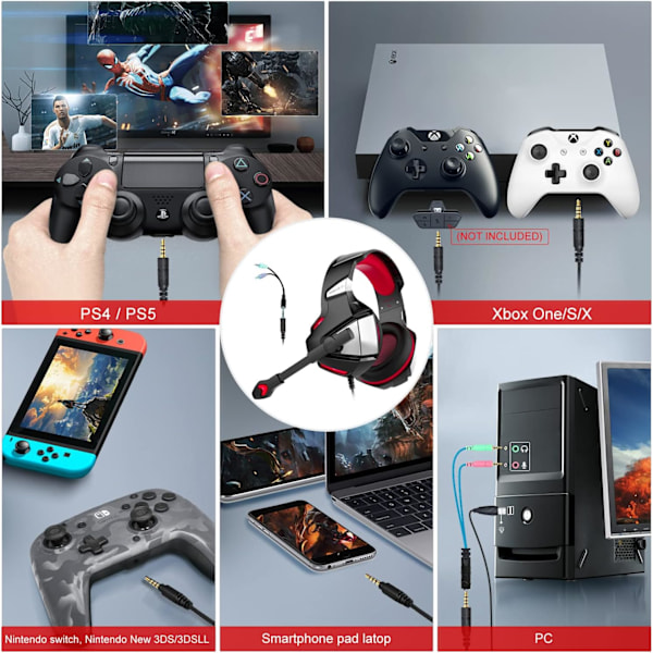 Professionellt Gaming Headset, Brusreducerande Mikrofon för PC PS4 PS5 Xbox One med Responsiva Ljuddrivrutiner, Mjuka Öronkuddar med Minnesskum för Multiplattform