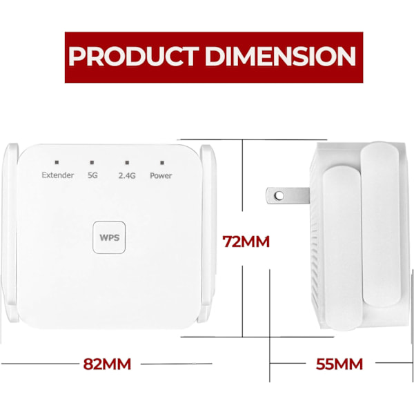 WiFi-förstärkare, Repeater för Hem & Utomhus, Superförstärkare 1200 Mbps (6000 kvm), WiFi 2,4 & 5 GHz Dubband WPS WiFi-signal Stark Genomträngningsförmåga