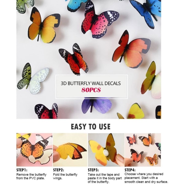 80 stk. sommerfugl vægklistermærker - 3D sommerfugle dekoration