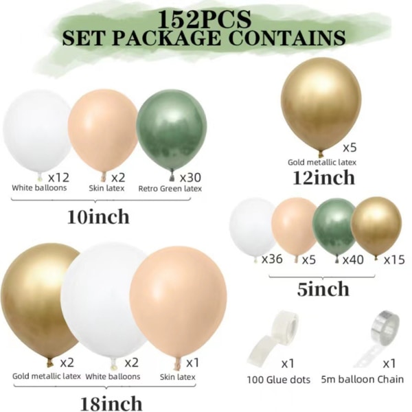 152-pack olivgrön ballongbåge girlandsats- set