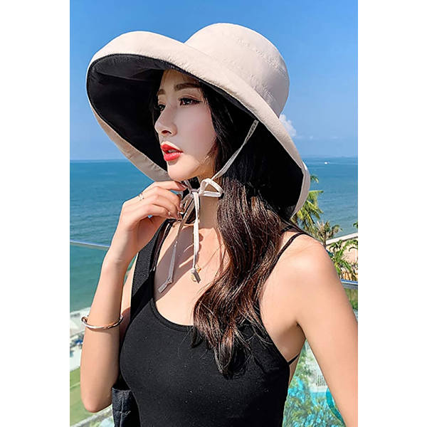 Solhatt för kvinnor, hopfällbar och vändbar bucket hat med UV-skydd, bredbrättad sommarhatt för stranden$Solhatt för kvinnor, bredbrättad sommarhatt för stranden Beige