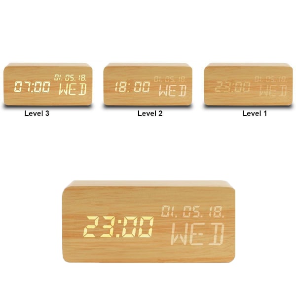 Väckarklocka med LED-display, lämplig för sovrum, kontor, hem, visar tid, datum, vecka, temperatur, 3 separata larminställningar, med slät yta