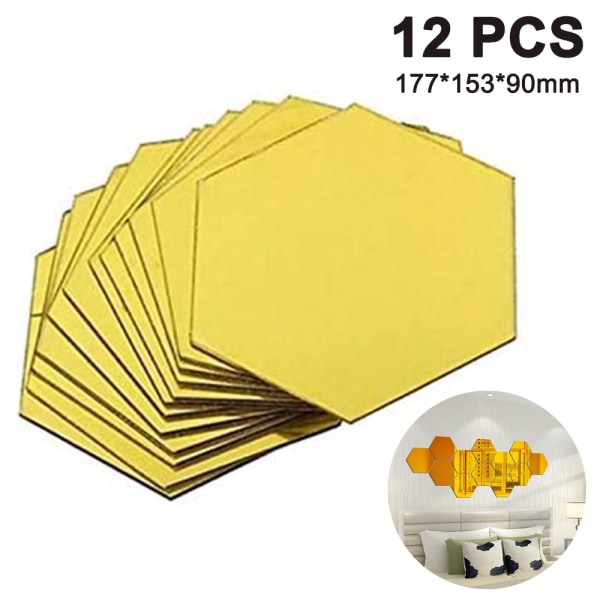 12 PCS Large Removable Acrylic Mirror Wall Stickers ,Gold