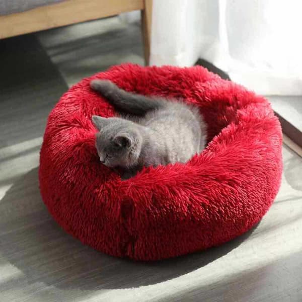 1 stk. (Rød) Hundekurv Rund Kattekurv Fluffy Kæledyrsseng Pude Blød