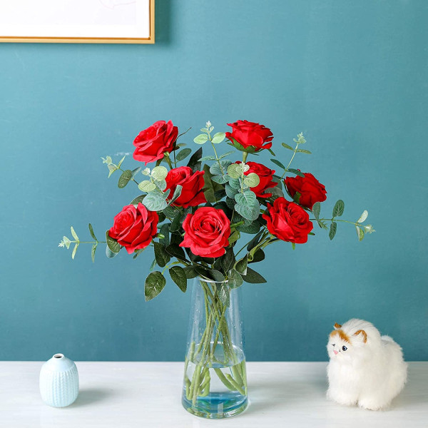 12 stk kunstige blomster silkeroser til bryllup, rød