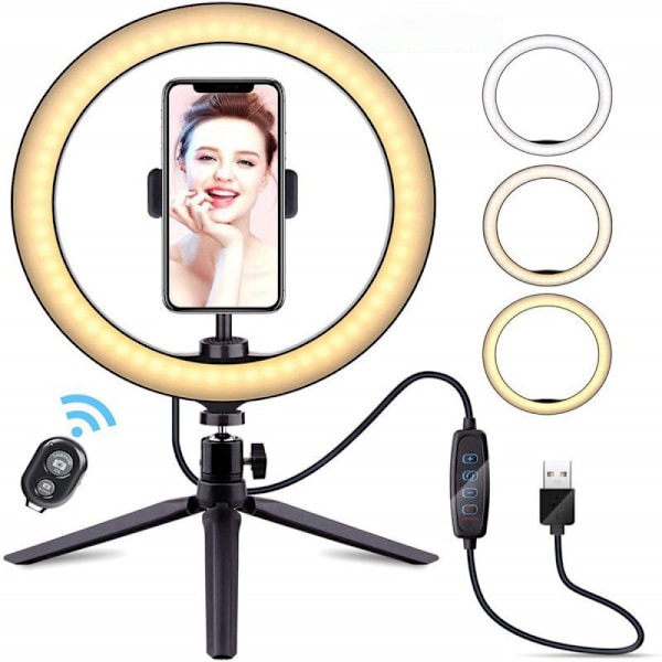 Ring Light med 360 graders roterande stativ, 10 tums dimbar LED-belysning för skrivbordsplacering, trådlös Bluetooth-fjärrkontroll ingår