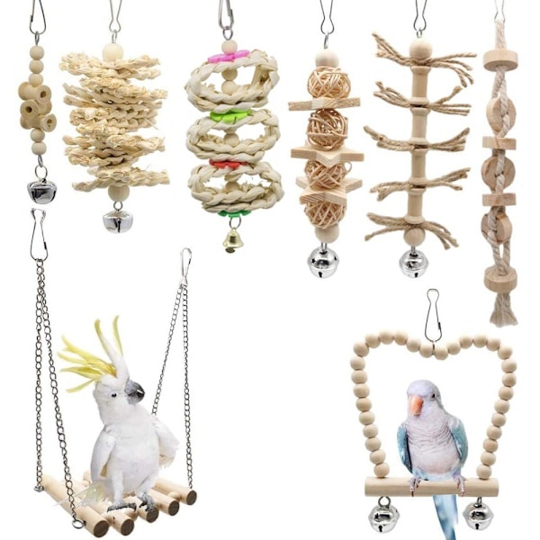 Birds' Haven, 8 Delar Handgjorda Tillbehör till Fågelbur med Papegojgunga, Giftfri Tuggleksak, Hängande Spegel, Upphöjd Plats för Klättring