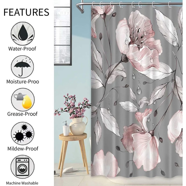 Blommiga duschdraperier för badrum, 12-pack plastkrok, grå