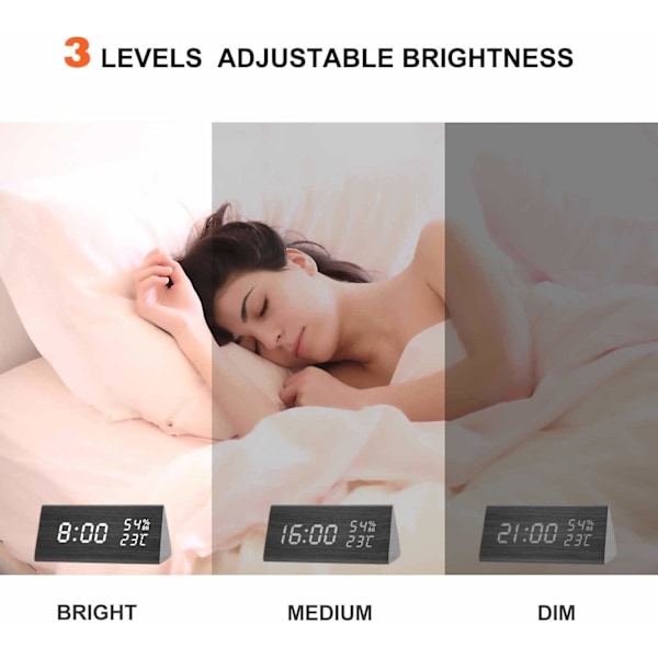Wake Up Artisan, Unik väckarklocka i trä med dimbar display, flera alarm, temperatur- och fuktighetssensor för alla rum, Svart