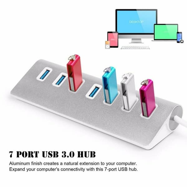 USB-hubb för bärbar dator, driven USB-hubb med höghastighetsdataöverföring, 7-portars SuperSpeed USB 3.0 aluminiumlegeringshubb för stationär Macbook PC, stöder