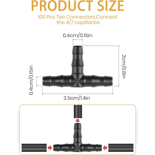 100 stk. T-forbindelsesstykke til vandingsrør 4/7 mm - T-forbindelsesstykke PVC Vandingsforstøver Drikke Mikrosprøjtning Irrigationssamling til Slange Automatiske Systemer Værktøj