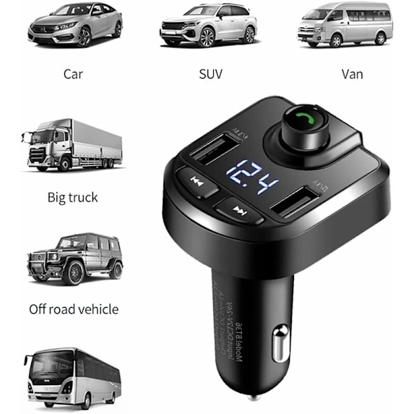 Bil Bluetooth 5.3 FM-sändaradapter, Snabb Dubbel USB-laddare, Brusreducerande Handsfree-samtal, Stämningsljusomkopplare för Bluetooth-enheter