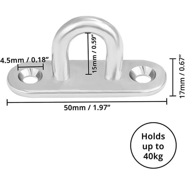8 stk. 50 mm øyeplater i rustfritt stål, kraftig veggmontering