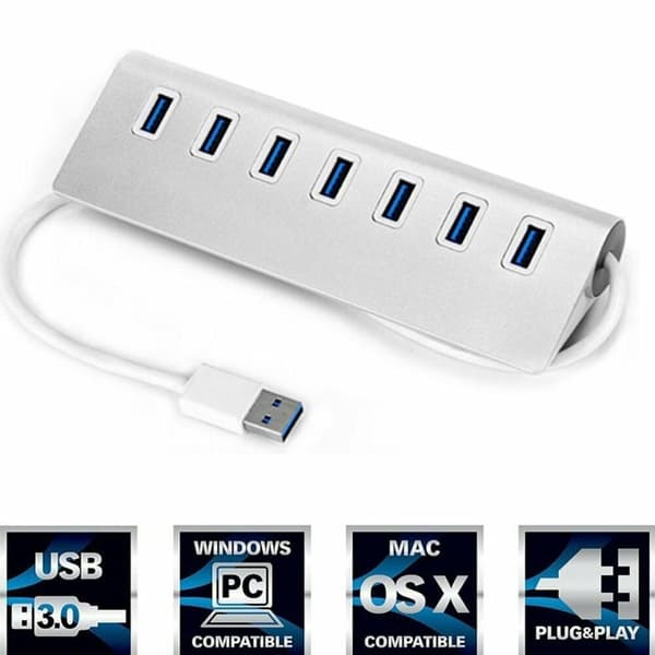 USB-hubb för bärbar dator, driven USB-hubb med höghastighetsdataöverföring, 7-portars SuperSpeed USB 3.0 aluminiumlegeringshubb för stationär Macbook PC, stöder