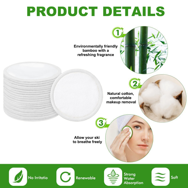 Organiske genanvendelige makeupfjernerpuder, vaskbare, miljøvenlige, naturlige