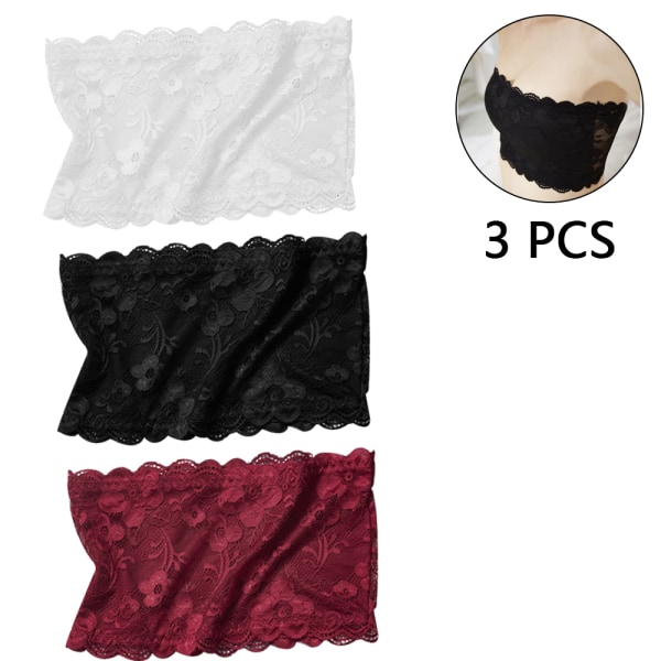 Sett med 3 Lace Bandeau stroppeløse BH-er, svart + hvit + burgunder